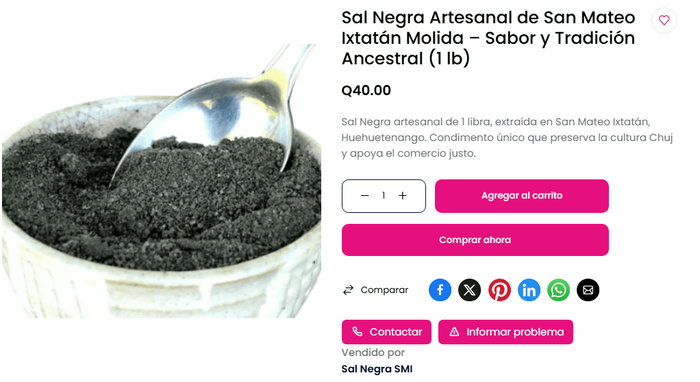 Sal Negra artesanal de San Mateo Ixtatán (1 lb) con precio Q40.00 y opciones para agregar al carrito o comprar ahora.