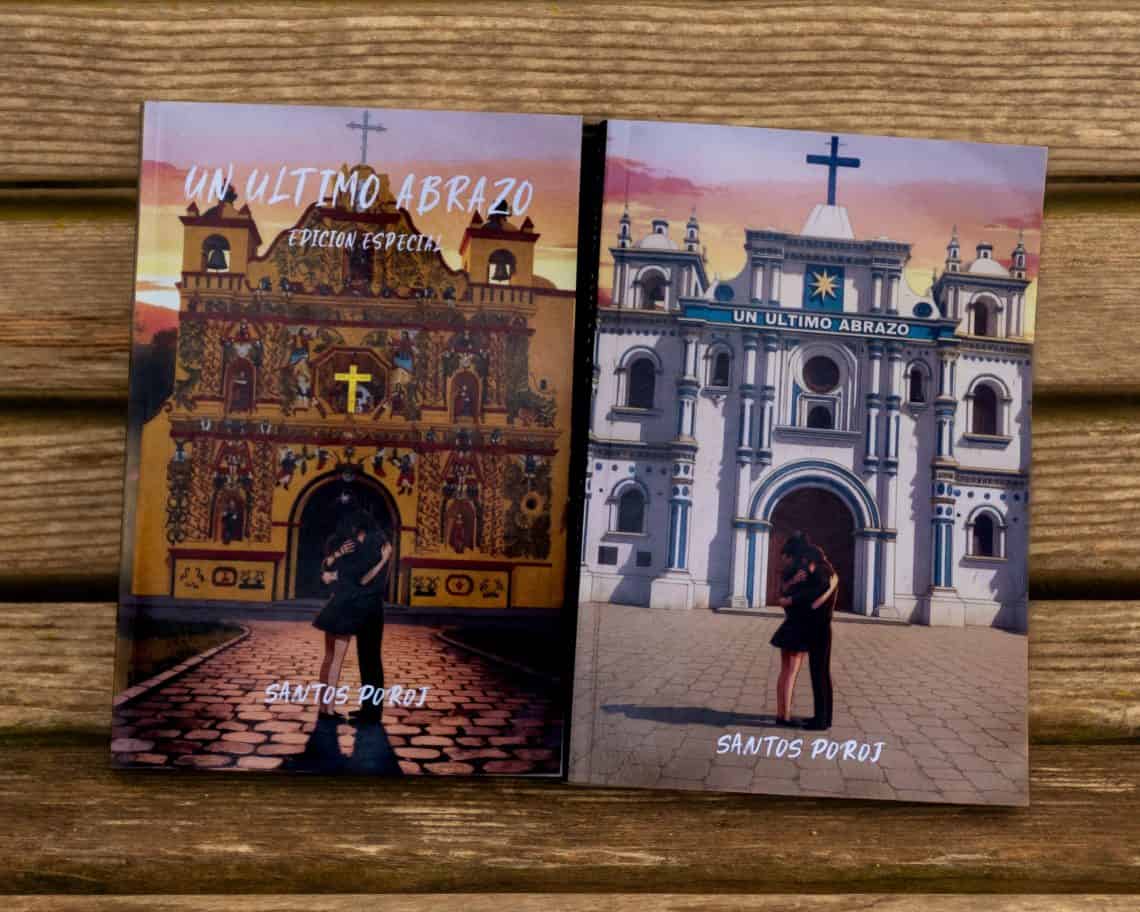 Two travel posters with ornate churches on a wooden table; a woman in a black dress stands on a cobblestone path, facing away. Text reads 'Santos Poroj' on both posters.