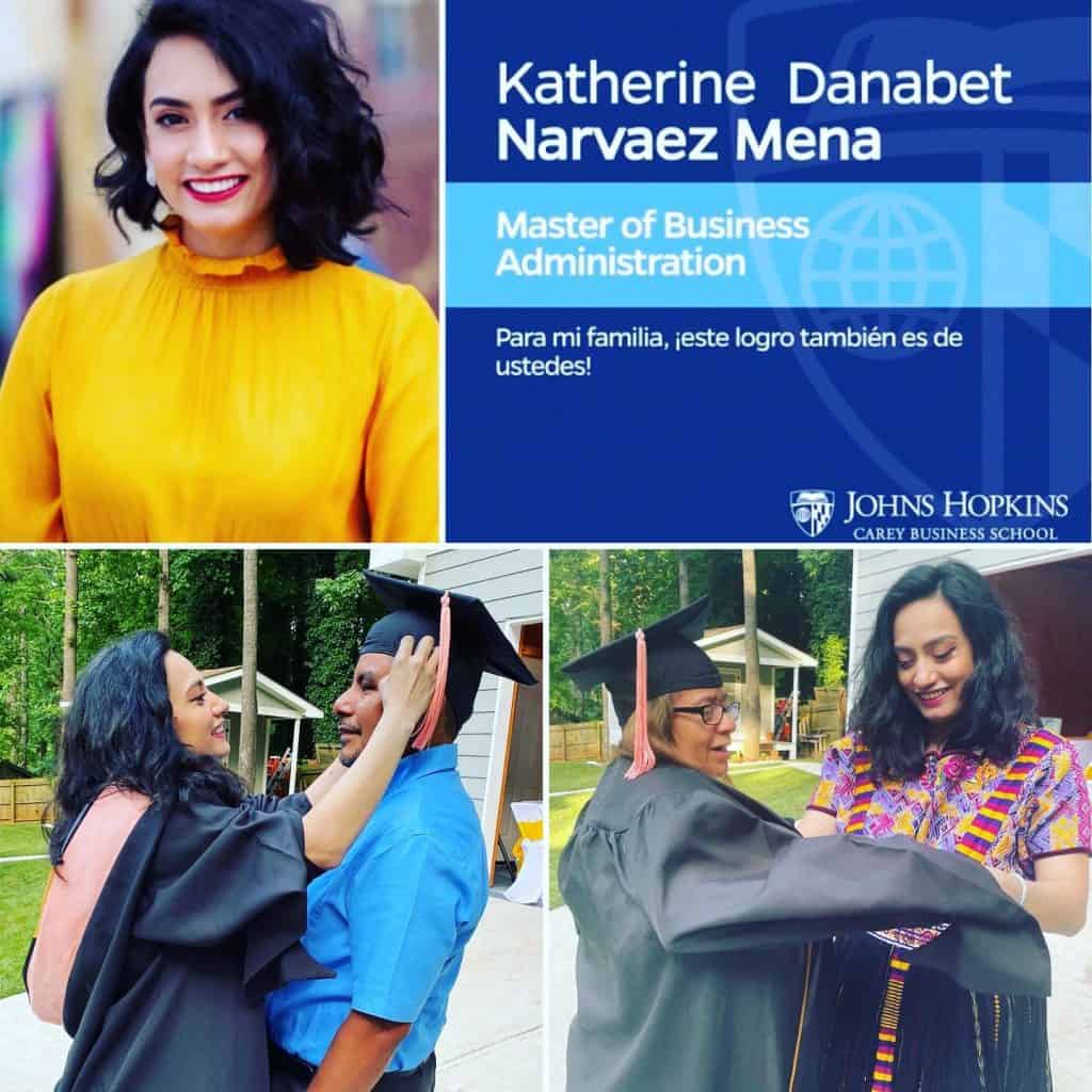 Antes de ser médica, la guatemalteca Katherin Danabet Narvaez se graduó de maestria en administración, de la Universidad Johns Hopkins. Ese día lució traje tradicional indígena de Guatemala como muestra de amor a su identidad y reconocimiento profundo al esfuerzo de sus padres migrantes.