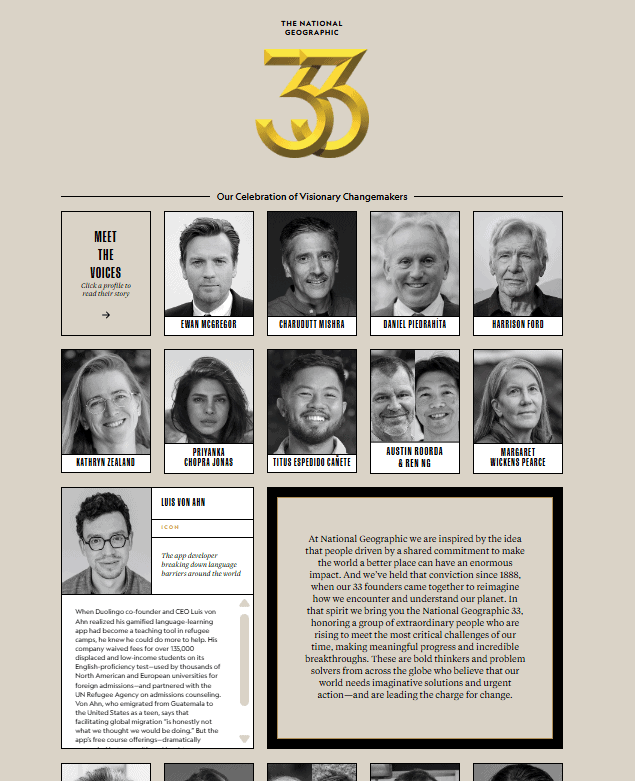 El guatemalteco Luis von Ahn, empresario digital guatemalteco fundador de la plataforma de aprendizaje de idiomas Duolingo figura en la lista 33 Global de National Geographic, de líderes de innovación alrededor del mundo. Para ir al sitio de NatGeo clic en la imagen.