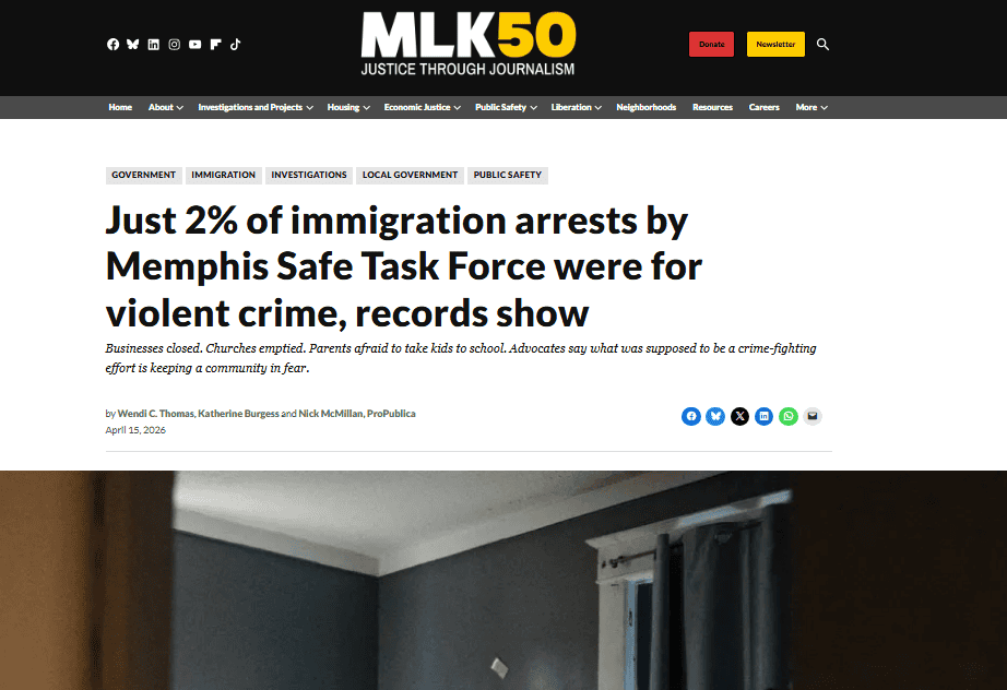 El informe de la sala de redacción sobre Derechos Humanos, MLK50 (cuyo nombre hace alusión a los 50 años de muerte del líder de derechos civiles Martin Luther King) expone cómo la gran mayoría de migrantes detenidos no había cometido ningún delito. Ser indocumentado en Estados Unidos es una falta, no un delito.