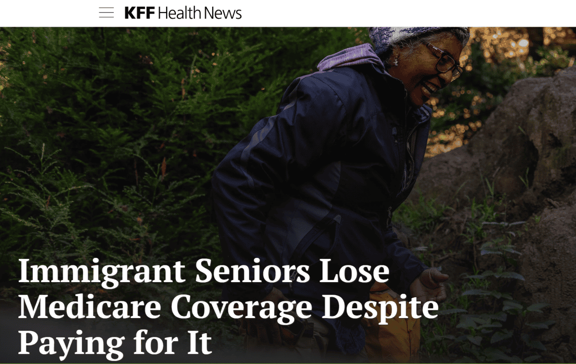 Portada de KFF Health News en la que se presenta a Rosa Carranza, migrante salvadoreña que teme perder su cobertura de salud a pesar de haber pagado sus cuotas por más de dos décadas, por el hecho de ser beneficiaria de TPS. Para ir al artículo en inglés, clic en la imagen.