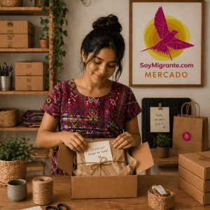 Woman in a colorful patterned dress unpacks a gift box with a tied paper wrapping and a handwritten note reading '¡Gracias por apoyar mi sueño!' in a craft shop with shelves and plants behind her.
