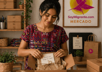 Woman in a colorful patterned dress unpacks a gift box with a tied paper wrapping and a handwritten note reading '¡Gracias por apoyar mi sueño!' in a craft shop with shelves and plants behind her.