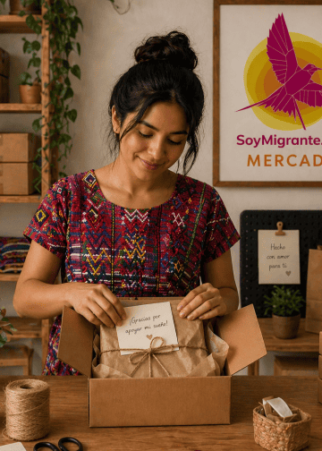 Woman in a colorful patterned dress unpacks a gift box with a tied paper wrapping and a handwritten note reading '¡Gracias por apoyar mi sueño!' in a craft shop with shelves and plants behind her.