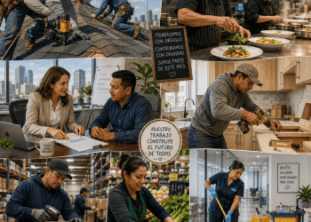 aporte de migrantes a estados unidos – SoyMigrante.com REVISTA Collage of workers: construction on a roof, chef plating dishes, business team in a meeting, woodworker building, and shoppers stocking produce in a supermarket, symbolizing teamwork and community service.