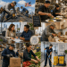 Collage of workers: construction on a roof, chef plating dishes, business team in a meeting, woodworker building, and shoppers stocking produce in a supermarket, symbolizing teamwork and community service.