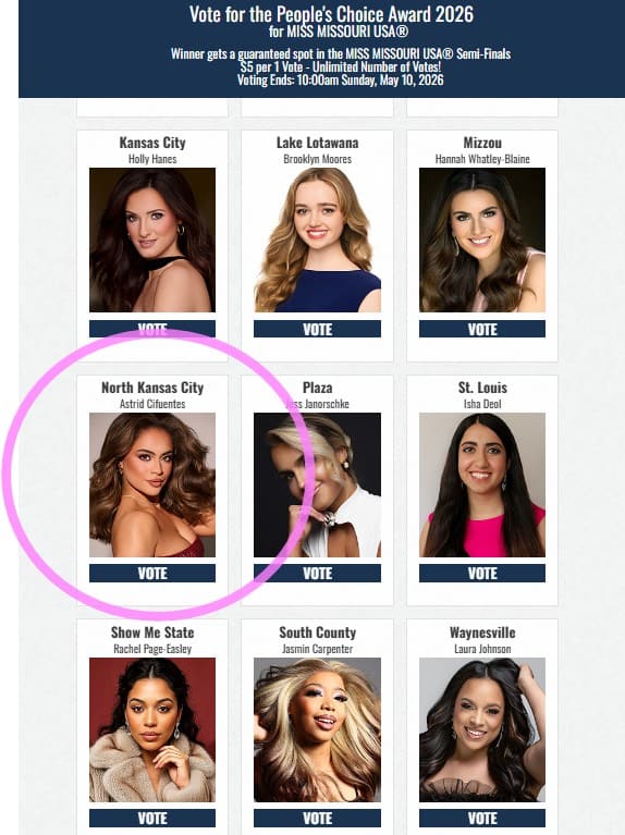 Los guatemaltecos pueden apoyar a Astrid Cifuentes en la categoría Voto del Público, que tiene un costo de US dólares. Si deseas apoyarla, clic en la foto para redirigir al sitio del certamen Miss Missouri-USA