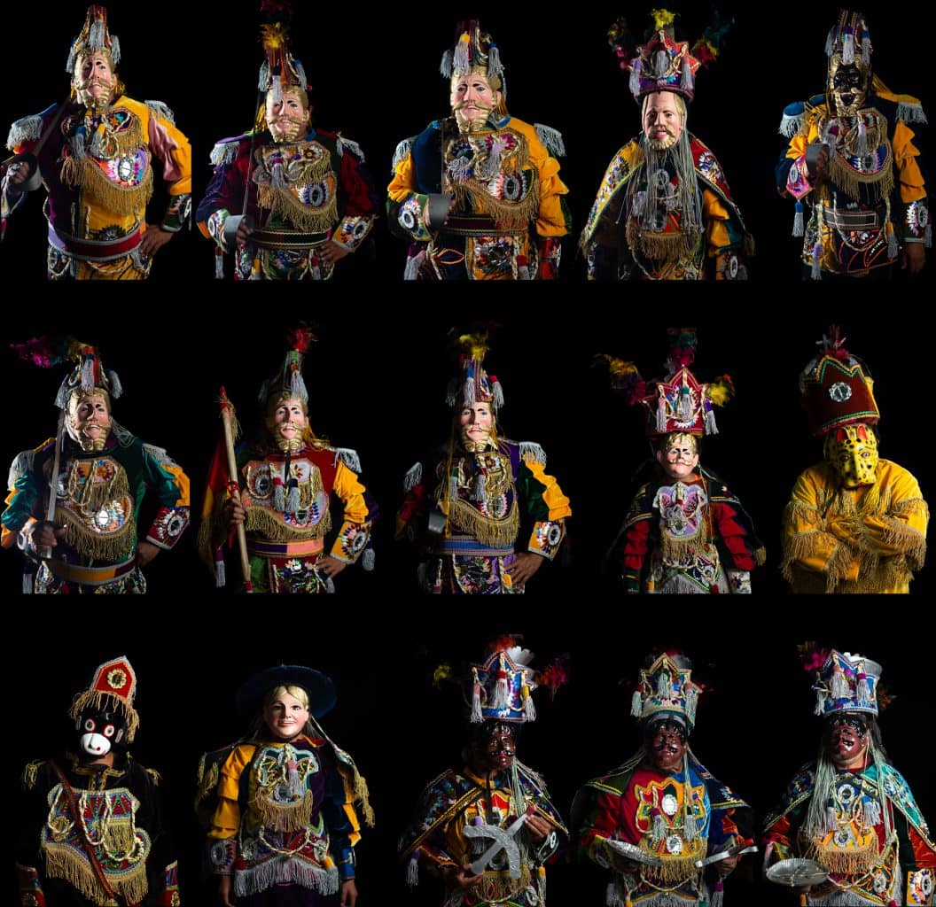 Magnífica composición fotográfica con los personajes del Baile de la Conquista, entre los cuales destacan Tecún Umán, principe q'iche' y el invasor Pedro de Alvarado. (Fotos de José Arturo)
