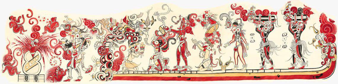 El Dios del Maíz, que podría equipararse con Hun Hunahpú, padre de los gemelos héroes, aparece recibiendo una ofrenda, caracterizado totalmente de rojo al centro. Mural norte de San Bartolo.