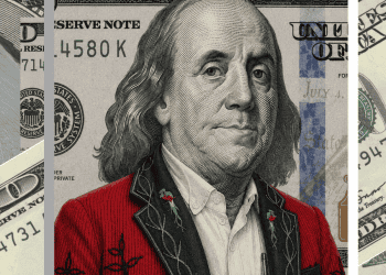 Art collage of Benjamin Franklin in a red embroidered jacket, over a backdrop of U.S. dollar bills with a gray frame.