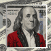 Art collage of Benjamin Franklin in a red embroidered jacket, over a backdrop of U.S. dollar bills with a gray frame.