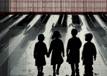 Four children stand in a row, holding hands, silhouetted against a bright street with long shadows behind them.