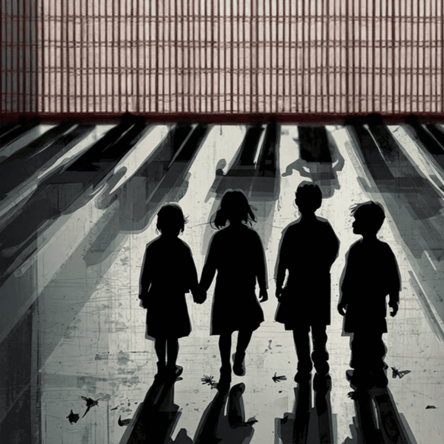 detenciones migratorias impacto en la niñez estados unidos – SoyMigrante.com REVISTA Four children stand in a row, holding hands, silhouetted against a bright street with long shadows behind them.