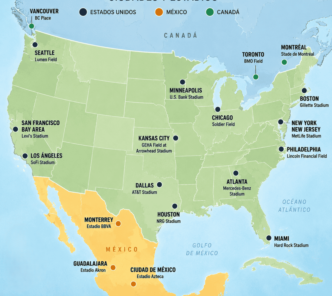 Estados Unidos tiene la mayor cantidad de estadios con partidos del Mundial de Futbol,algunos en Estados con fuerte presencia migrante hispana.