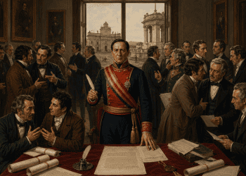 Gabino Gaínza, quien fue crítico del mexicano Agustin de Iturbide cuando éste proclamó la independencia, después fue partidario de la Anexión al recién formado imperio de Agustín I, el cual finalmente cayó. Imagen Canva IA. – SoyMigrante.com REVISTA Central official in blue uniform with red sash stands at a desk covered in documents, surrounded by men in a grand hall.