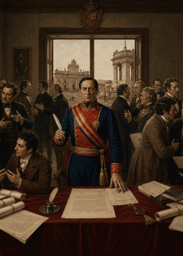 Gabino Gaínza, quien fue crítico del mexicano Agustin de Iturbide cuando éste proclamó la independencia, después fue partidario de la Anexión al recién formado imperio de Agustín I, el cual finalmente cayó. Imagen Canva IA. – SoyMigrante.com REVISTA Central official in blue uniform with red sash stands at a desk covered in documents, surrounded by men in a grand hall.