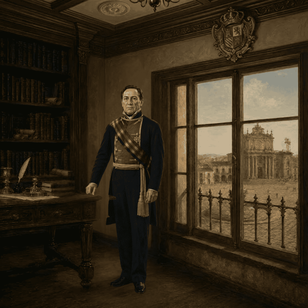 Retrato de Gabino Gaínza, último capitán general del Reyno de Guatemala y primer presidente o jefe de gobierno. La catedral metropolitana de Guatemala estaba al frente del Palacio de los Capitanes Generales y aún no tenía torres de campanario. Imagen generada por Canva IA