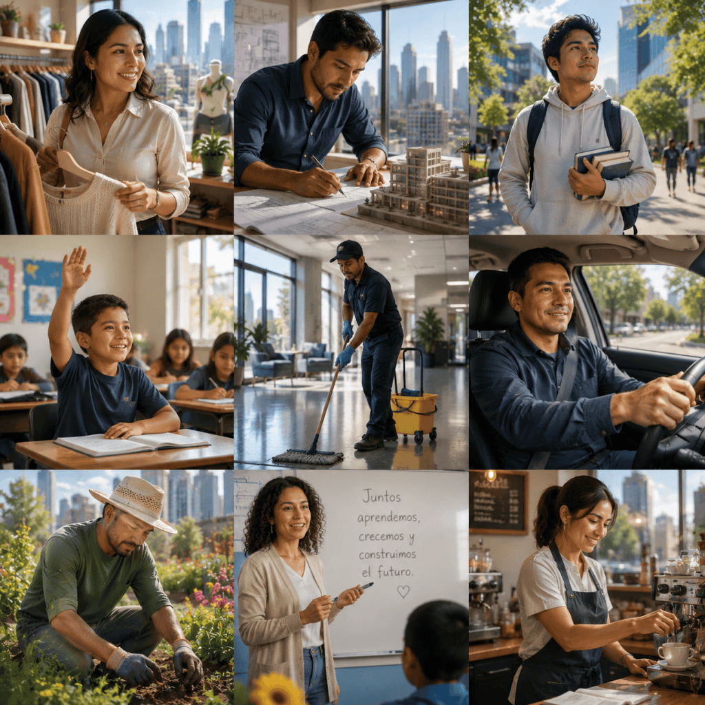 Collage of diverse professionals in action across different work environments, including shopper, architect, student, cleaner, driver, gardener, teacher, and barista.