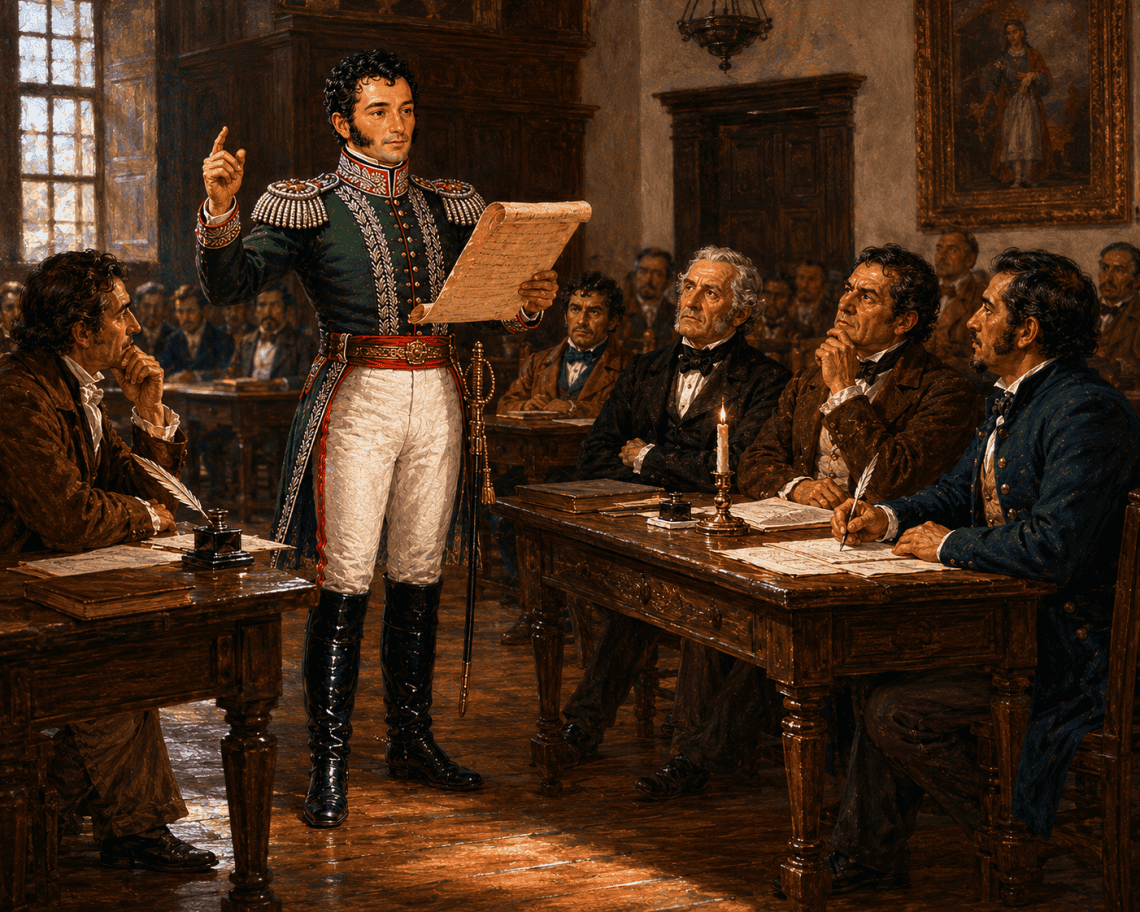 Tras la caída de Iturbide, las fuerzas mexicanas permanecieron en Guatemala, lo cual generó rechazo popular. Sin embargo Vicente Filísola, como jefe político, impulsó la elección de una Asamblea de las provincias para dar cumplimiento a lo estipulado en el Acta de Independencia del 15 de septiembre de 1821 (Imagen IA generada con base en imágenes y relatos historicos)