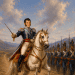 Napoleonic-era general on a white horse, sword raised, leading blue-uniformed soldiers across a dusty battlefield.