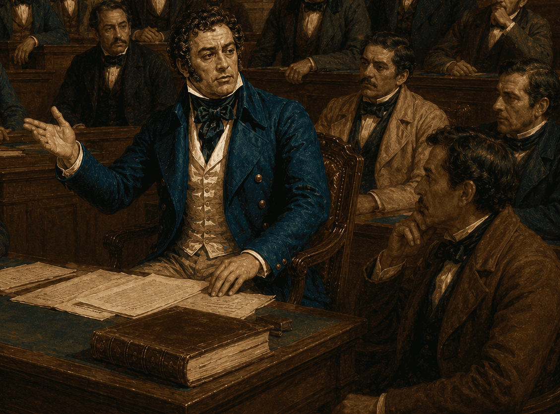 Tomás O'Horan llegó a la capital de Guatemala como juez de la Real Audiencia. Tras la independencia siguió desempeñando el cargo judicial y precisamente por su autoridad fue integrado a los triunviratos para dirigir la Provincia de Guatemala. Contribuyó a dirigir acciones y diálogos en favor de la formulación de la Primera Constitución Federal de Centro América. (Ilustración hecha con IA en base al único retrato disponible del personaje y el contexto histórico)