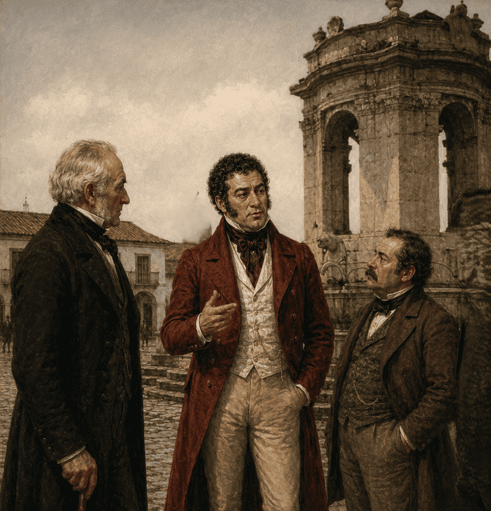 Tomás O'Horan, abogado cuya personalidad conciliadora, fue electo dos veces para integrar dos triunviratos entre 1823 y 1824, los cuales se encargaron del Poder Ejecutivo. En 1823 fue Jefe Político Superior, que era una especie de presidencia. La Fuente de Carlos III aún estaba en la Plaza Central, aunque ya sin la efigie del monarca español que fue deshecha a martillazos tras la Independencia de 1821. (Recreación IA con base en el retrato disponible del personaje y datos históricos)