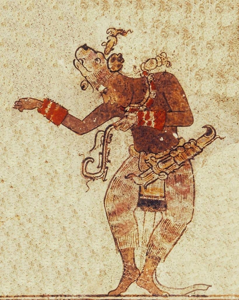 El bailarín maya es una figura recurrente en vasos mayas encontrados en Guatemala y México. Este pertenece al vaso K791, de la colección de Justin Kerr, hallado en Yaxchilán.