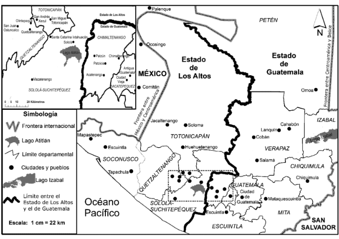 Mapa en el que se muestra lo que abarcaba el Estado de Los Altos o "Sexto Estado de la Federación", que se separó de Guatemala en 1838 como parte de una estrategia liberal, ante el avance de los conservadores en Guatemala. En 1840 dicho territorio fue reintegrado por la fuerza militar de Rafael Carrera.