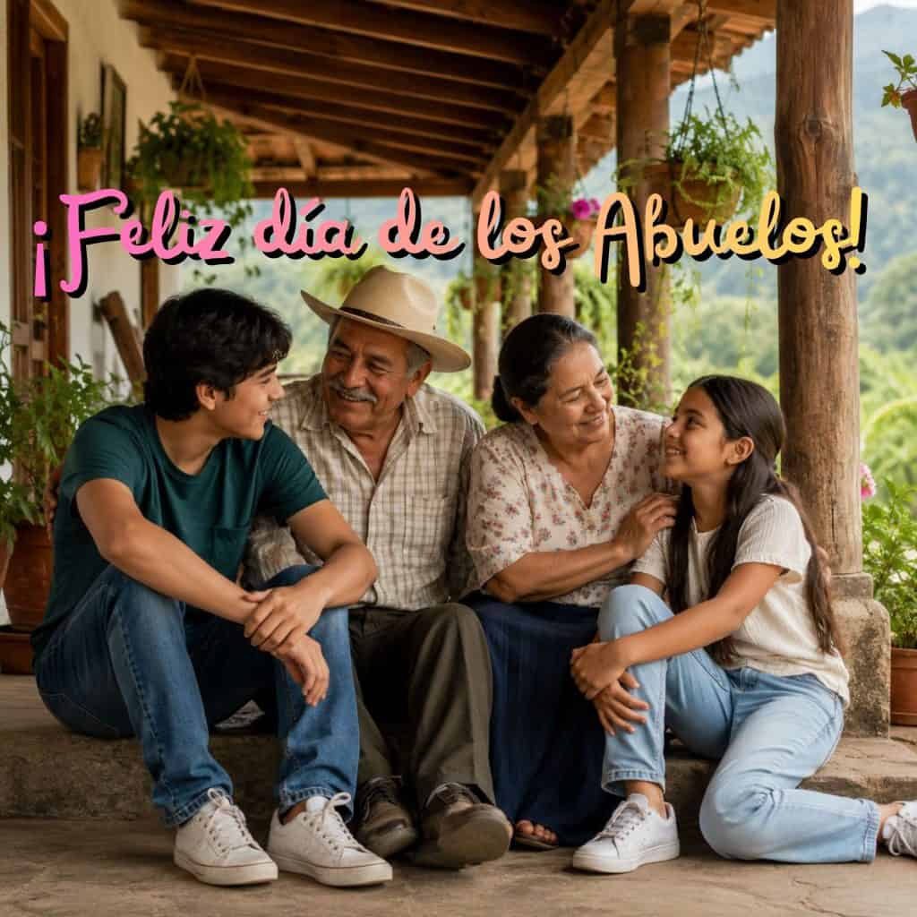 Group of friends or family sitting together on a rustic wooden porch, smiling and chatting outdoors.