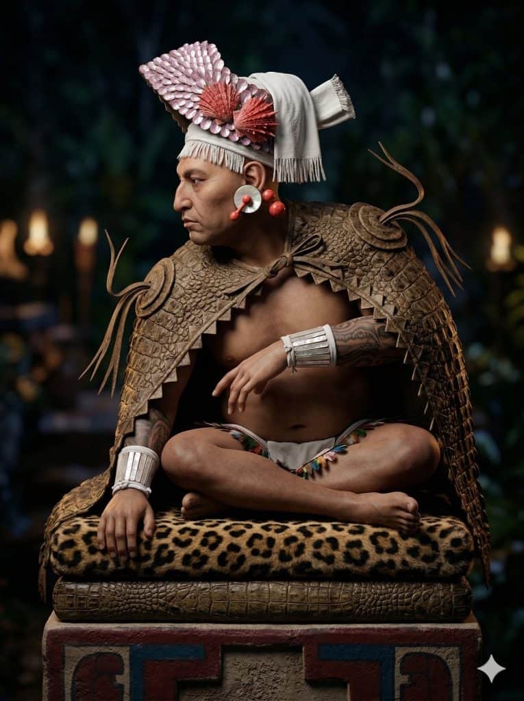 Person in an ornate ceremonial costume with a pink, scale-like feathered headdress and leather armor, seated cross-legged on a leopard-print cushion outdoors.