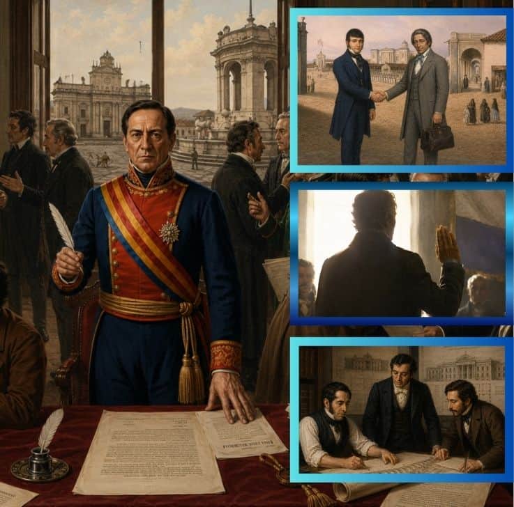 Central 19th-century official in a red-blue ceremonial uniform stands at a desk with a parchment and quill in a grand hall backdrop.