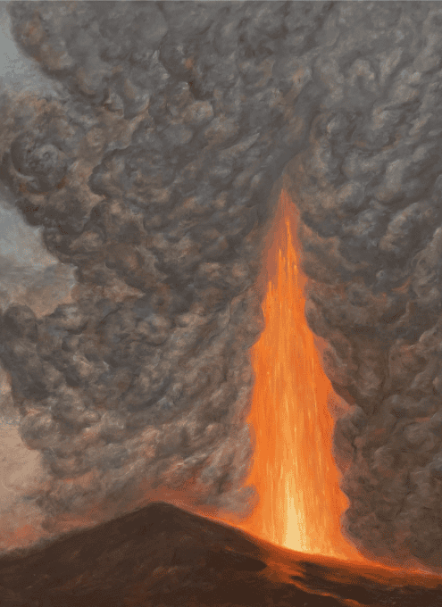 Erupciones, columnas de humo y también escenas que parecían reflejar un fin del mundo o un nuevo comienzo luminoso, salieron del pincel del maestro Rodolfo Abularach (1933-2020)