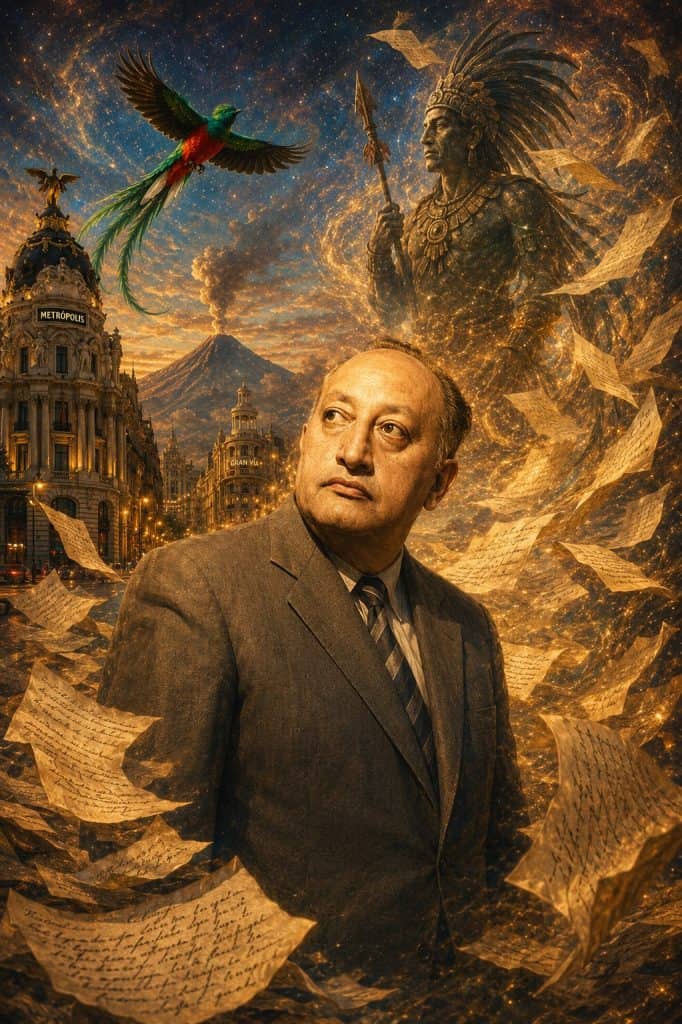 El 9 de junio de 1974 falleció el Nobel de Literatura guatemalteco Miguel Angel Asturias en Madrid, España. Fue sepultado en París pues la intolerancia gubernamental de aquel momento impidió su repatriación. Cada 9 de junio se recuerda su obra, que sigue reflejando mágicamente a Guatemala en un espejo roto. (Imagen IA basada en un retrato de Asturias de 1970)