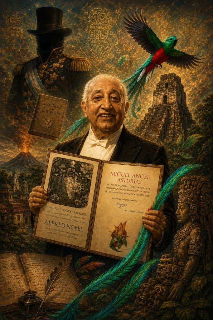 Recreación de la famosa foto de Miguel Angel Asturias sonriente con el diploma del Premio Nobel de Literatura, recibido el 10 de diciembre de 1967 en Estocolmo, Suecia. (Elaboración con IA con base en histórica foto de la Academia Sueca)