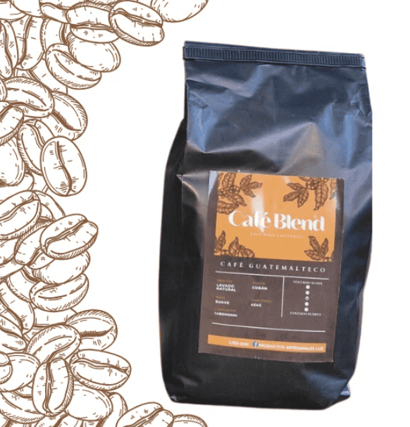 Bag of Café Blend coffee from Guatemala with a brown label, standing on a white background with coffee bean decor on the left side