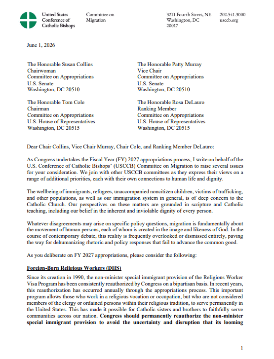 Primera página de la carta del secretario de la Conferencia de Obispos de Estados Unidos para pedir un abordaje humano e integral de la migración. Para ver la carta completa en inglés, clic en la imagen.