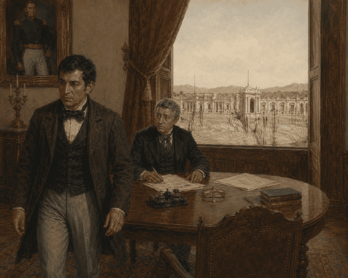 El jefe de Estado Juan Barrundia y el vicejefe de Estado Cirilo Flores (sentado) fueron electos en 1824. Cuando Barrundia fue destituido el 9 de septiembre de 1824, Flores asumió la jefatura del Estado de Guatemala que estaba en fuerte enfrentamiento con el gobierno federal de Centro América. (Ilustración IA basada en retratos históricos)