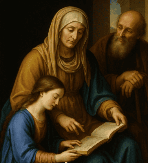 Mary with Jesus as a boy reads a book, while Joseph watches.
