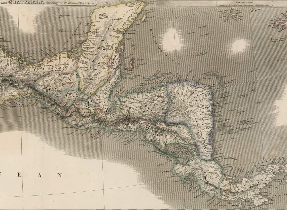 Mapa del territorio de la República Federal de Centro América en la década 1830, cuando comenzó la ruptura entre Estados. Notar que la distribución de territorios no corresponde del todo a la actual, 1. por las limitaciones de la cartografía 2. porque aún no se definían las fronteras actuales, incluyendo las de Chiapas y Tabasco, que se pasaron al lado mexicano, pero solo fueron reconocidas como territorio de ese país hasta 1881.