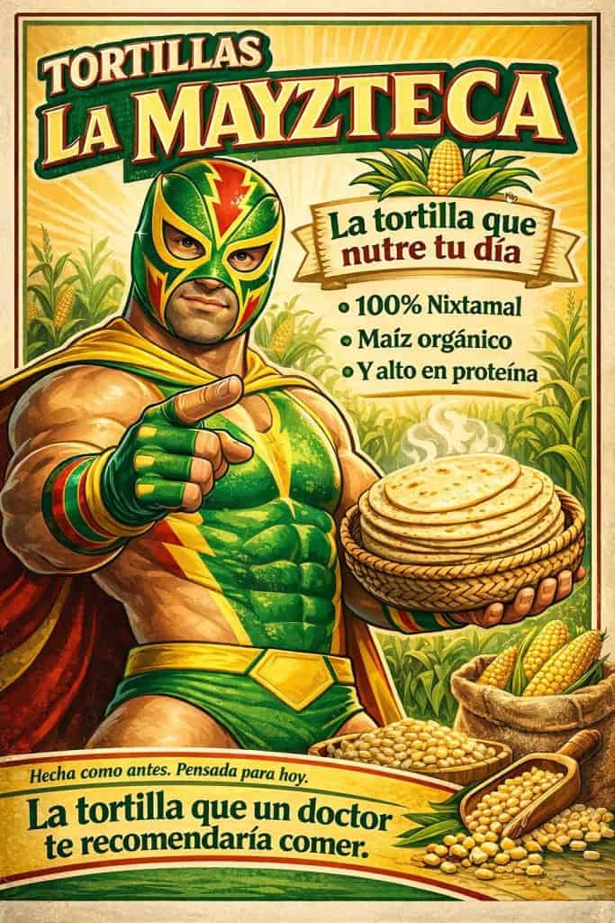 Como parte de la publicidad de La Mayzteca, se creó un luchador héroe que defiende la sana nutrición, utilizando un personaje de estilo muy popular entre la población mexicana e hispana.