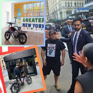 Left side shows a colorful mural reading 'Greater New York' with a bicycle parked in front. Right side shows a busy city street with pedestrians and cars, including a man in a suit.