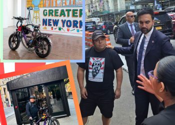 gustavo ajche delivery guatemaltecos en estados unidos nueva york hub 2 – SoyMigrante.com REVISTA Left side shows a colorful mural reading 'Greater New York' with a bicycle parked in front. Right side shows a busy city street with pedestrians and cars, including a man in a suit.