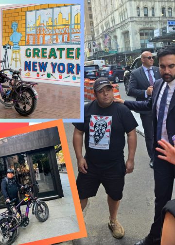 Left side shows a colorful mural reading 'Greater New York' with a bicycle parked in front. Right side shows a busy city street with pedestrians and cars, including a man in a suit.