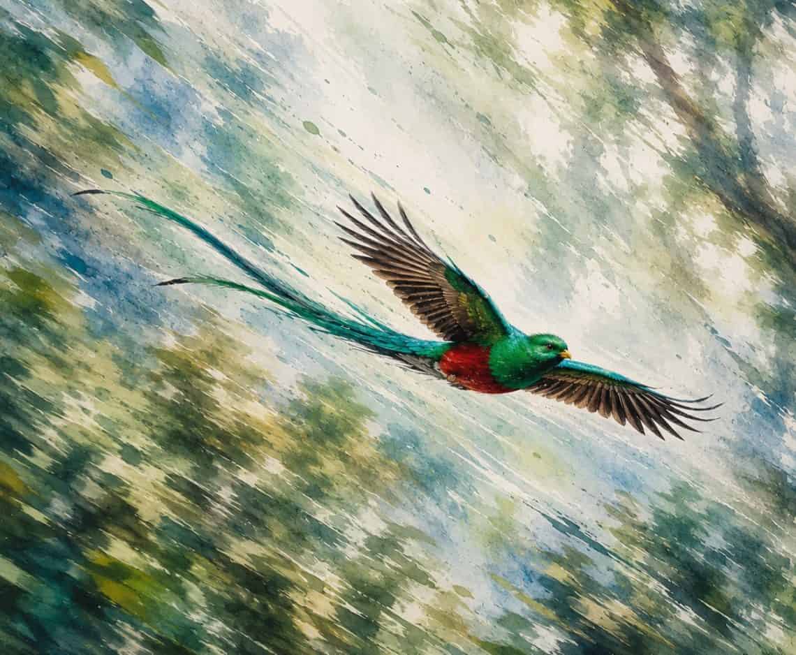 Emerald green hummingbird in midflight with a long tail against a painterly forest backdrop.