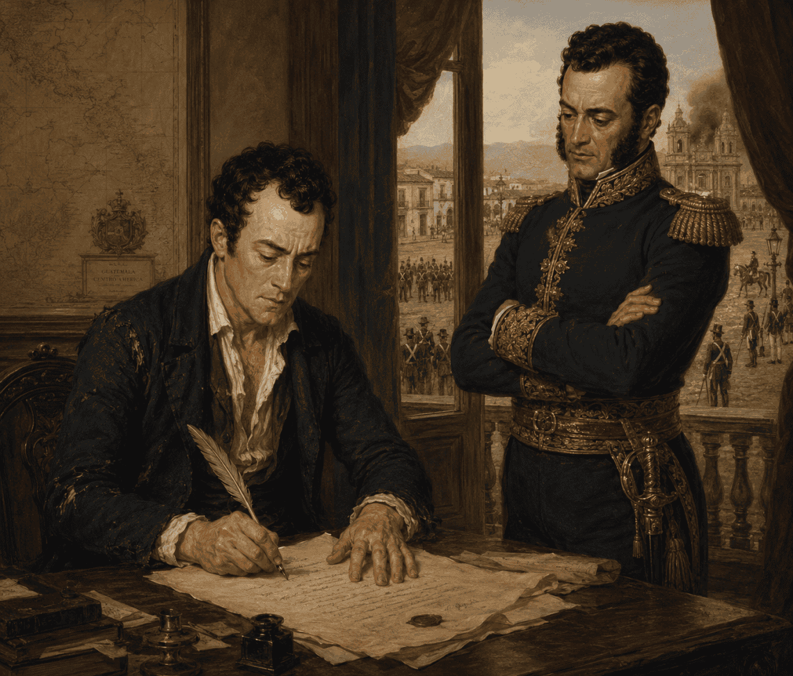 En abril de 1829, el jefe de Estado de Honduras Francisco Morazán, liberal, invadió la capital de Guatemala, obligó a Aycinena a renunciar y luego lo mandó con todo y su familia al exilio. (Ilustración simbólica generada con IA a partir de retratos históricos de ambos personajes)