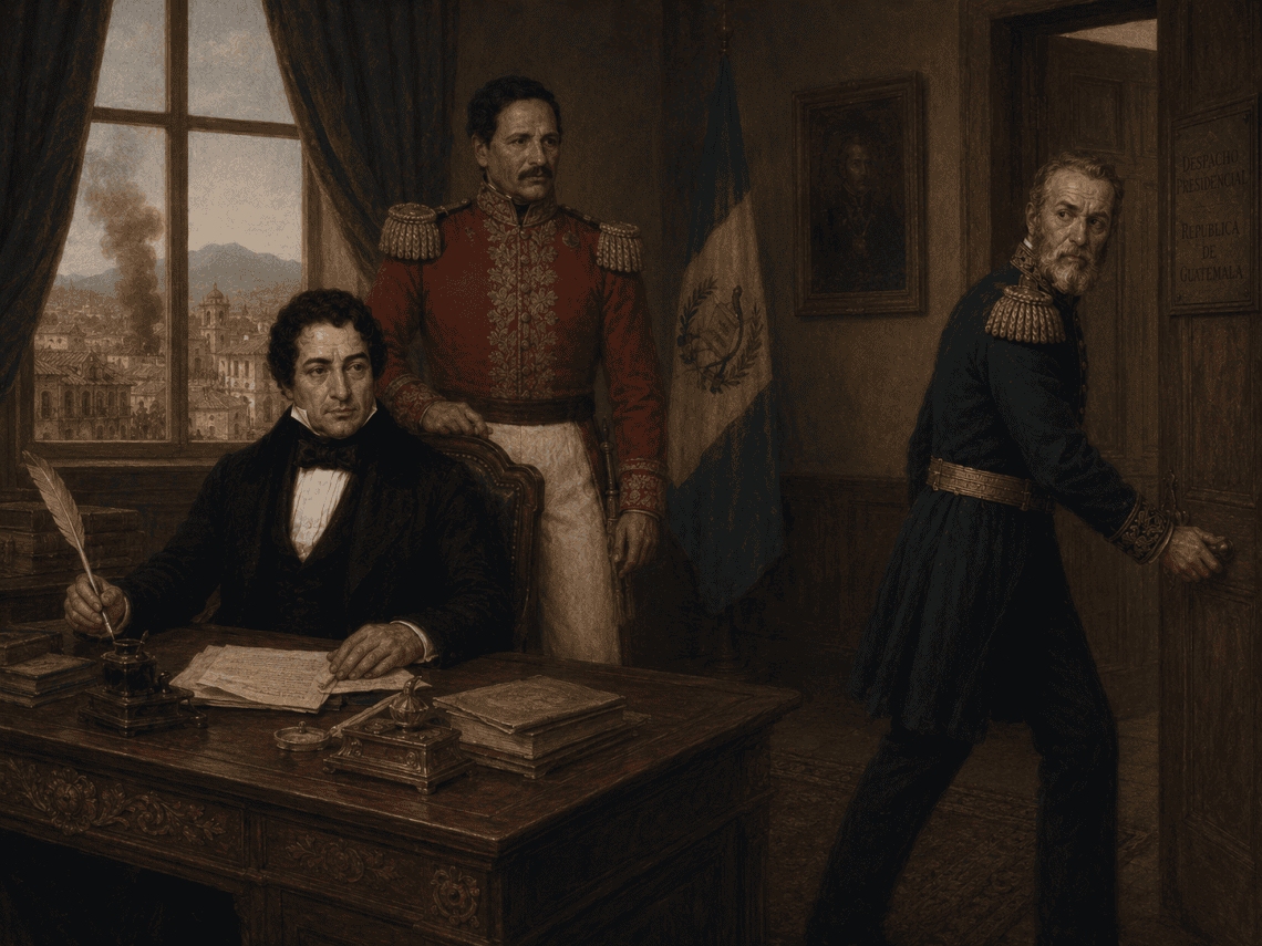 Ilustración simbólica sobre cómo en abril de 1839, Mariano Rivera Paz es reinstalado como Jefe de Estado bajo la presión militar ejercida por Rafael Carrera en contra de los liberales. El general Salazar, liberal y federalista, es expulsado. Personajes basados en retratos históricos.
