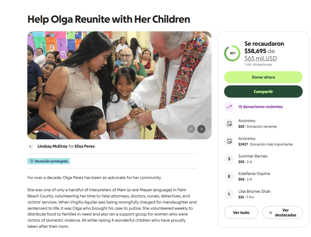 La hija de la migrante guatemalteca Olga Pérez, Eliza, organizó un GoFundMe para reunir recursos a fin de pagar su defensa y tambien cubrir gastos del hogar debido a que ambos padres fueron separados de sus hijos nacidos en Estados Unidos. Si quiere ir a la colecta clic en la imagen.