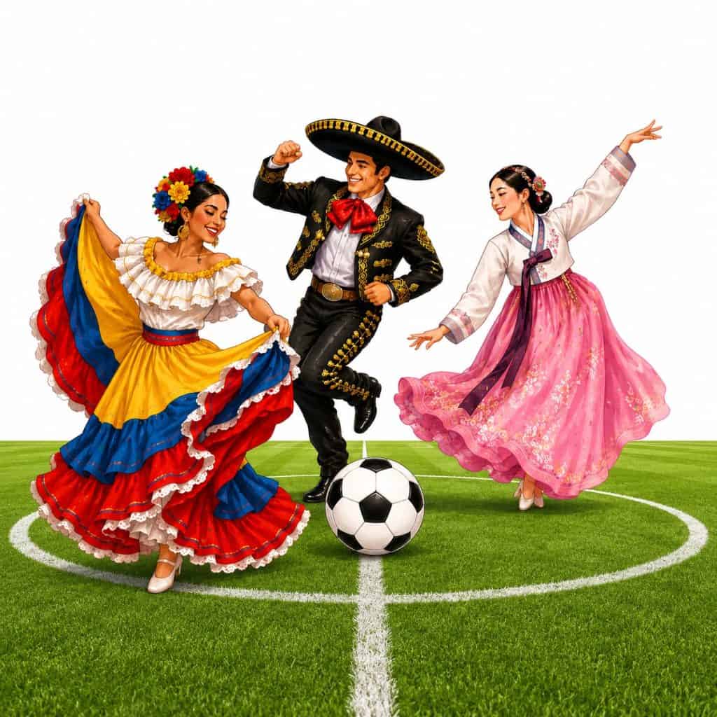 Three dancers in colorful traditional costumes (Mexican folklorico dress, mariachi-style suit, and Korean hanbok) perform around a soccer ball on a green grass field.