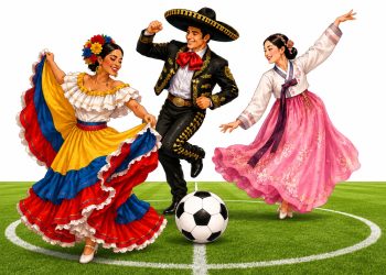 Three dancers in colorful traditional costumes (Mexican folklorico dress, mariachi-style suit, and Korean hanbok) perform around a soccer ball on a green grass field.